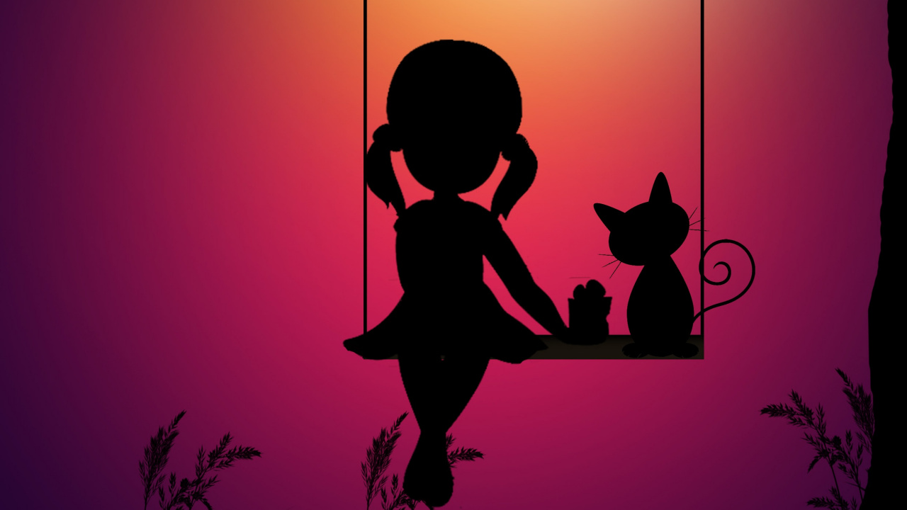 Обои кот, рисование, арт, силуэт, иллюстрация в разрешении 1280x720