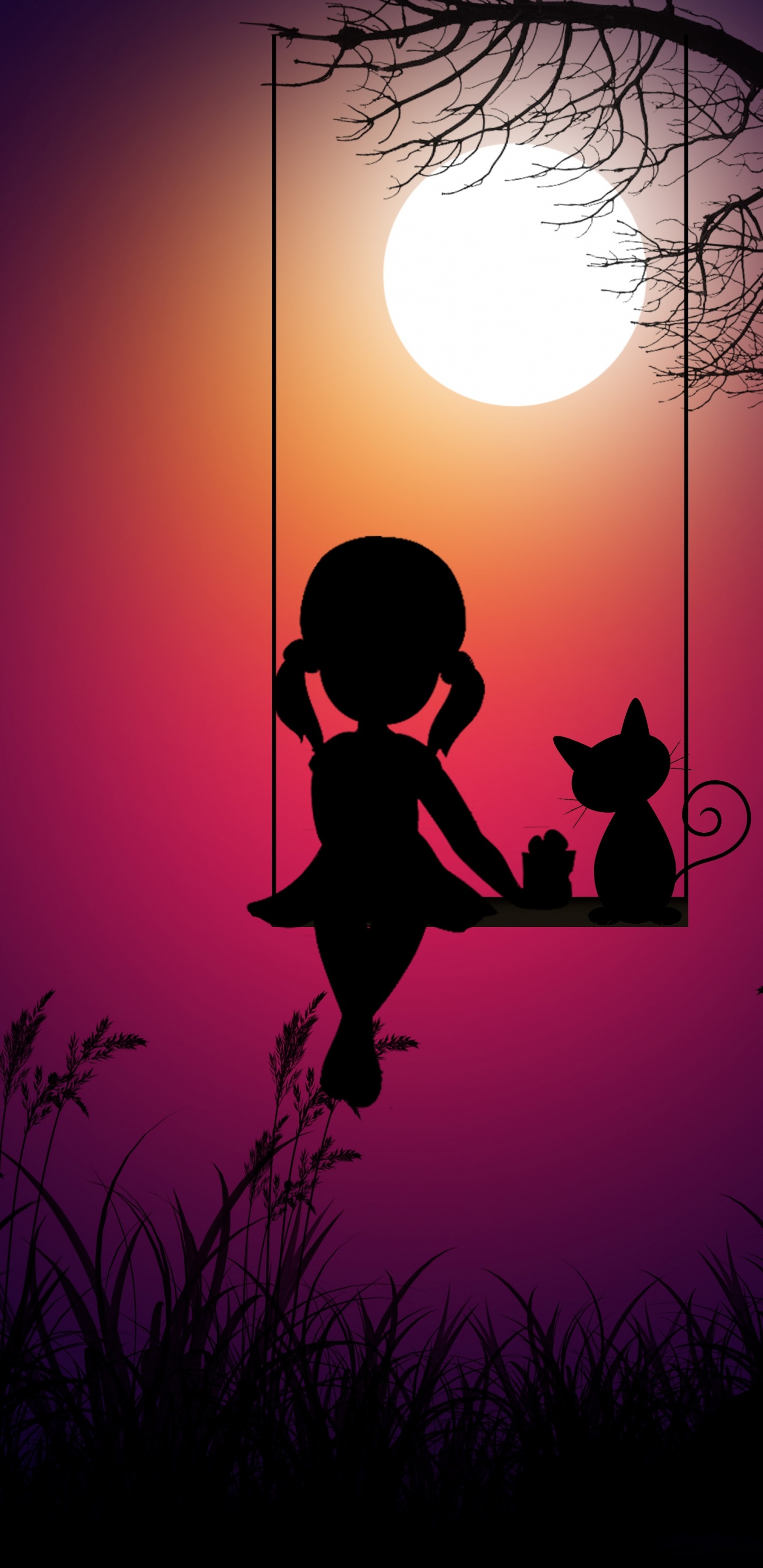 Обои кот, рисование, арт, силуэт, иллюстрация в разрешении 1440x2960