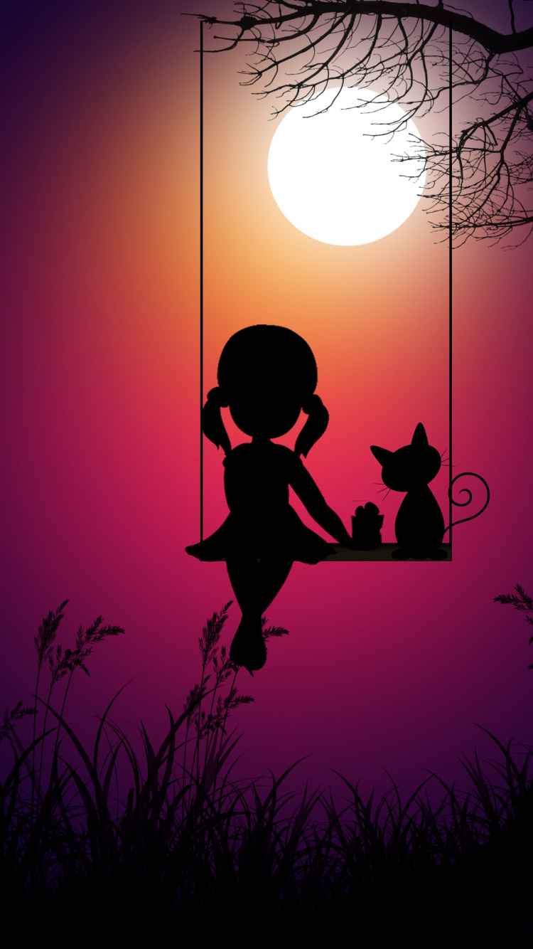 Обои кот, рисование, арт, силуэт, иллюстрация в разрешении 750x1334