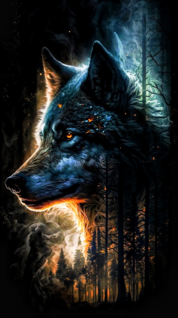 Обои живопись, волк, арт, холст, дизайн в разрешении 720x1280