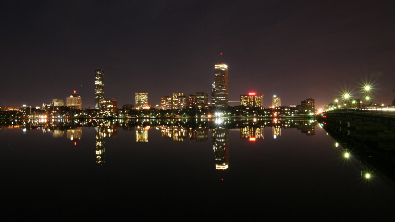 Обои Бостон, ночь, городской пейзаж, город, линия горизонта в разрешении 1280x720
