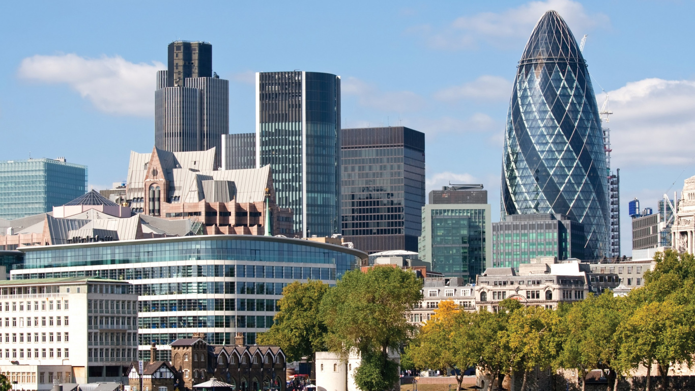 Обои Лондон, город, городской пейзаж, линия горизонта, небоскреб в разрешении 1366x768