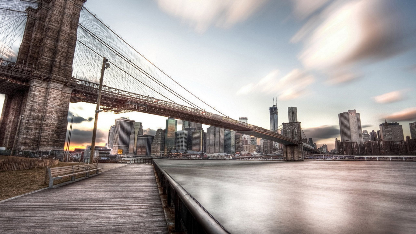 Обои Бруклинский мост, мост, городской район, город, здание в разрешении 1366x768