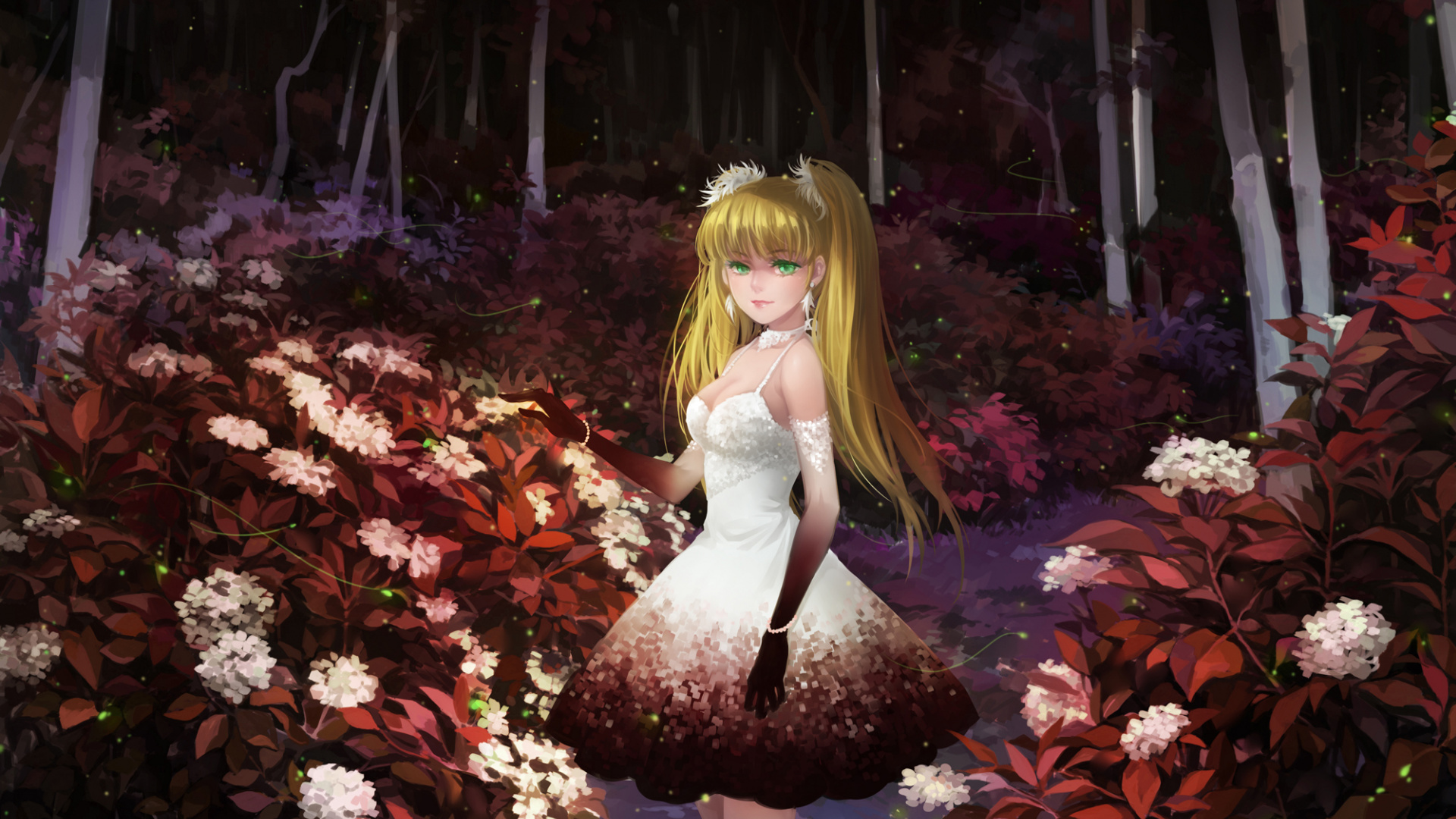 Обои лес темный аниме девушка, аниме, рукав, цветок, растение в разрешении 1920x1080