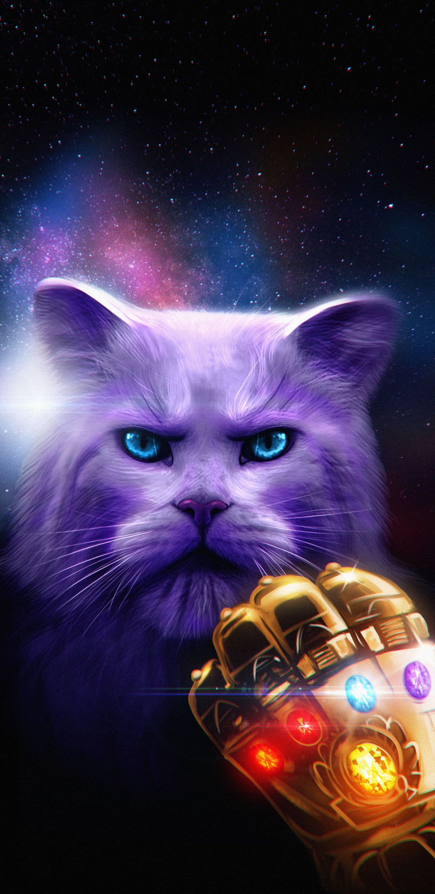 Обои кот мститель, кот, кот царапает дерево, кошачий ошейник, Танос в разрешении 1440x2960