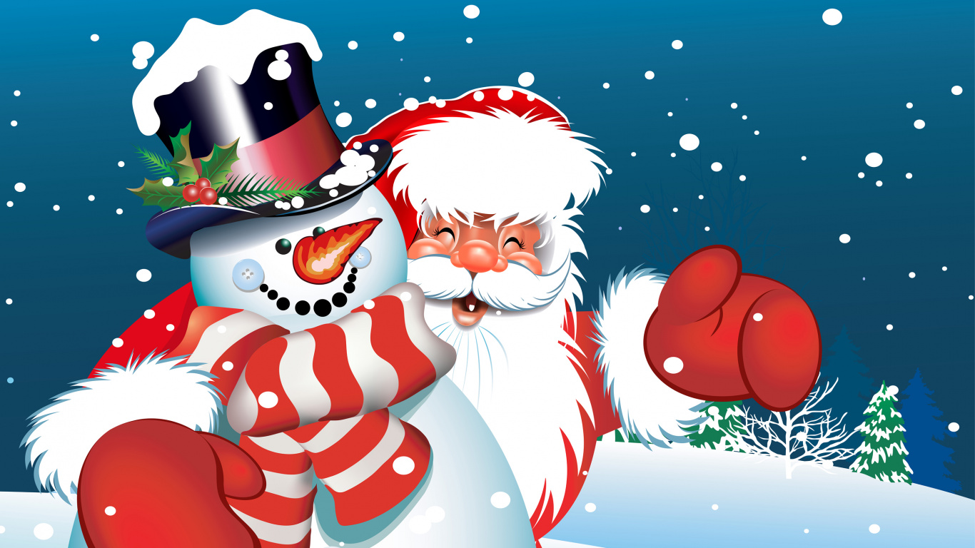 Обои Санта-Клаус, Рождественский день, Снеговик, Рождество, мультфильм в разрешении 1366x768