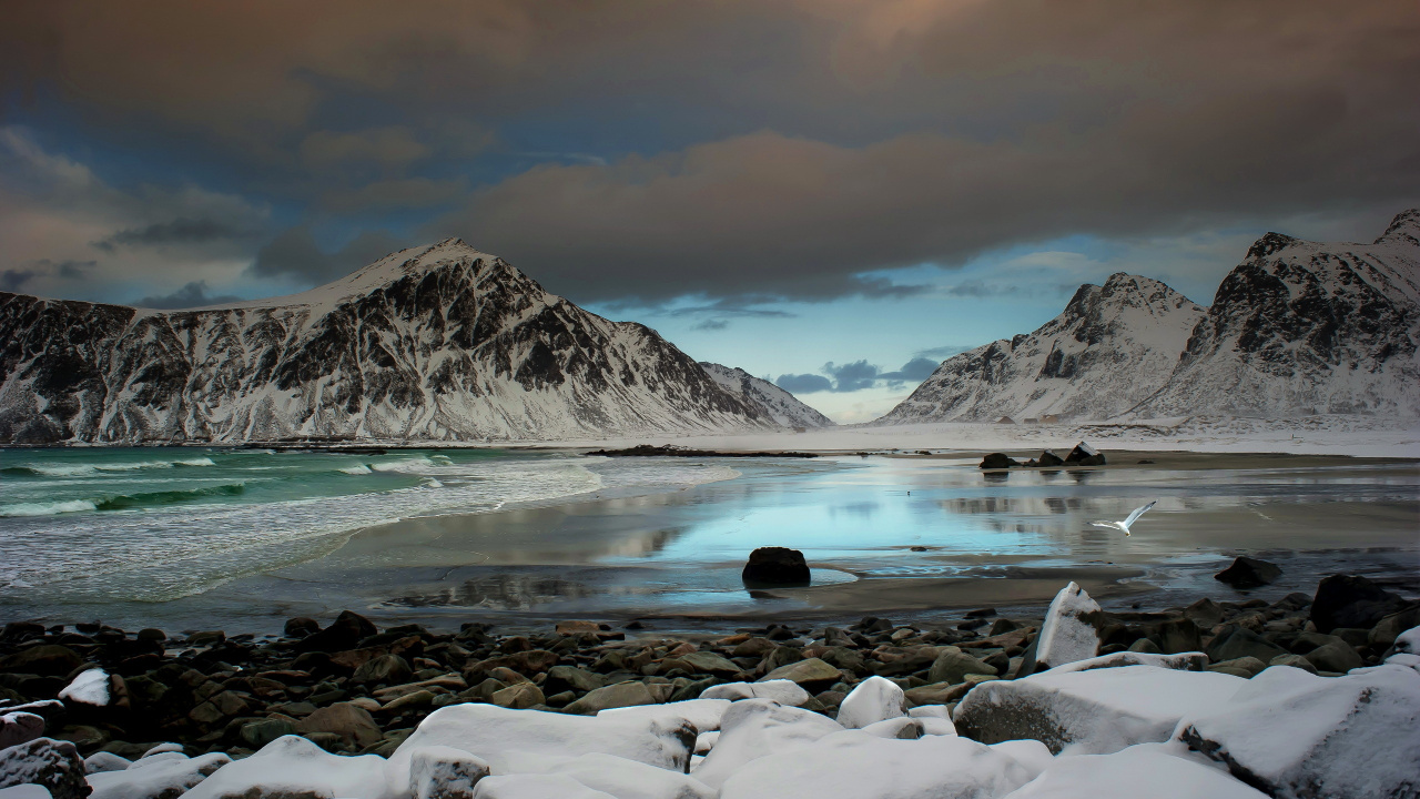 Обои снег, гора, зима, природа, вода в разрешении 1280x720