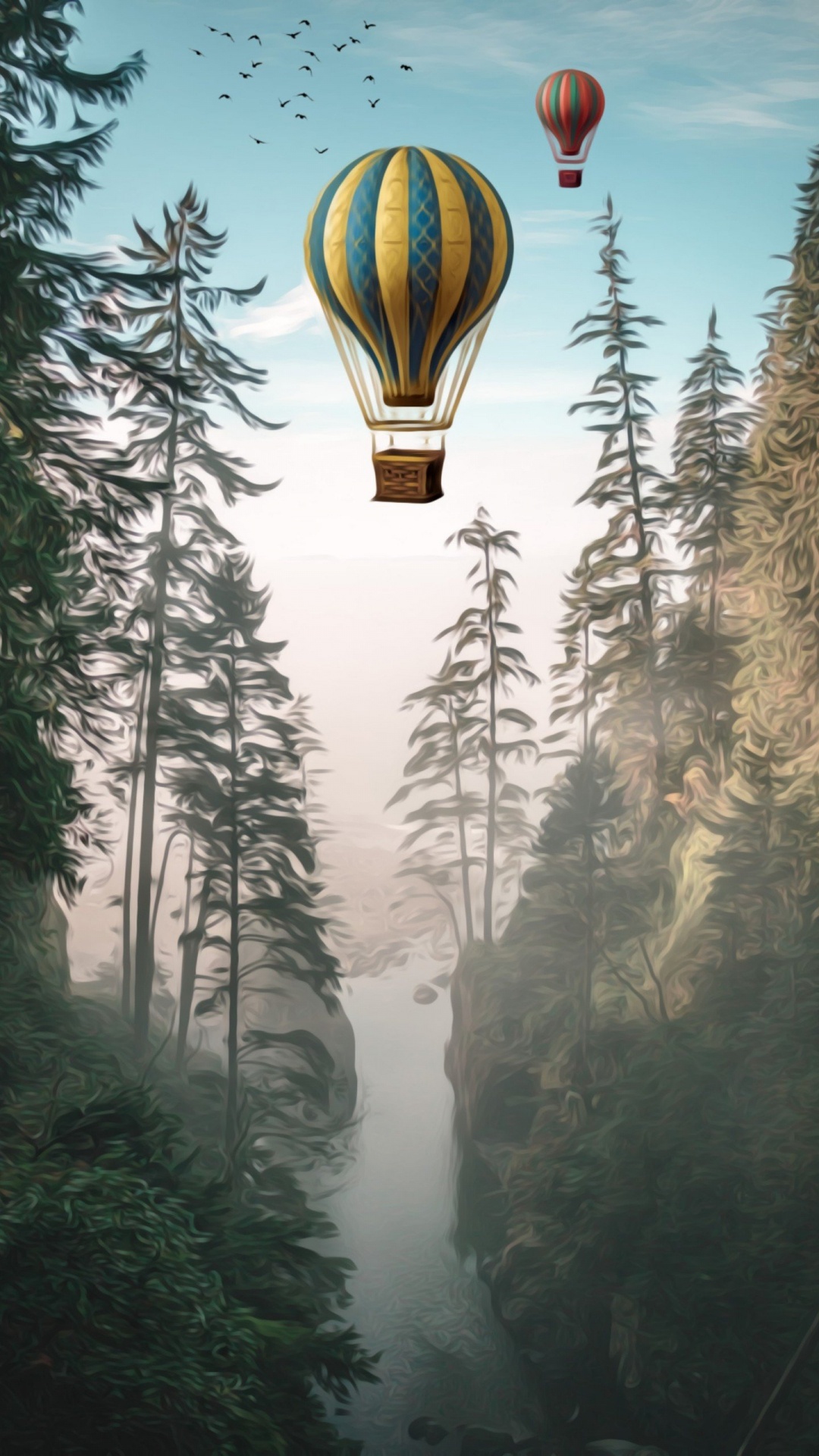 Обои воздушный шар, дерево, природа, лес, ель в разрешении 1080x1920