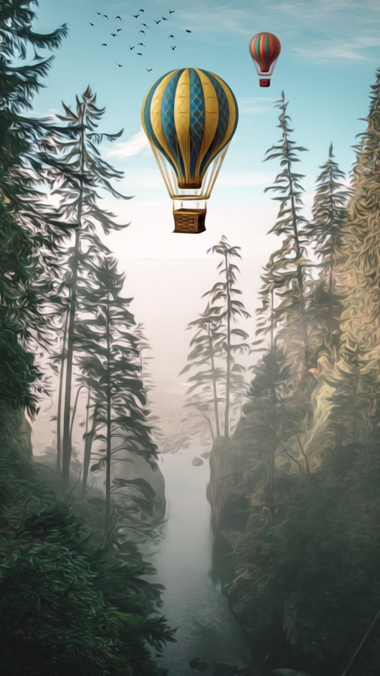 Обои воздушный шар, дерево, природа, лес, ель в разрешении 750x1334