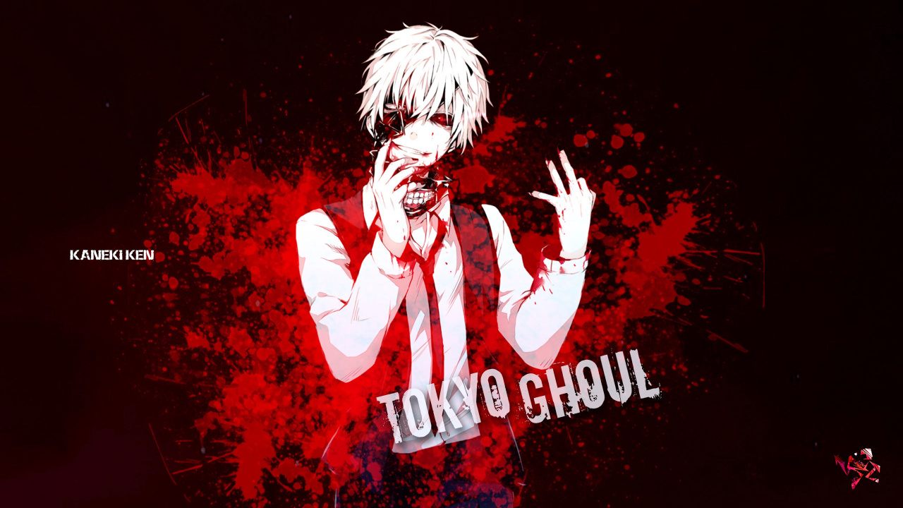 Обои Кен kaneki, Токио вурдалак, аниме, текст, графический дизайн в разрешении 1280x720