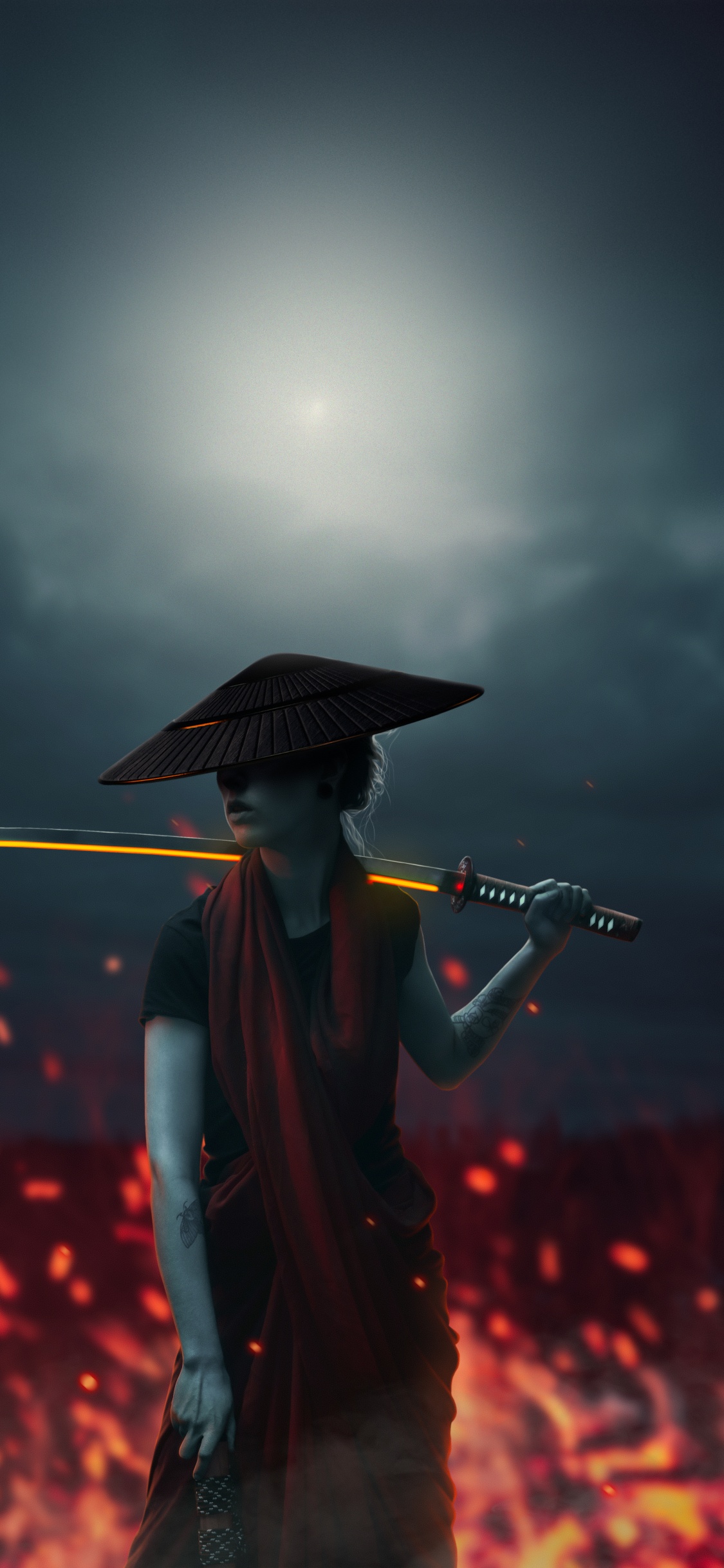 Обои азиатская девушка с лавовым мечом, Самурай, облако, театральное искусство, развлечение в разрешении 1125x2436