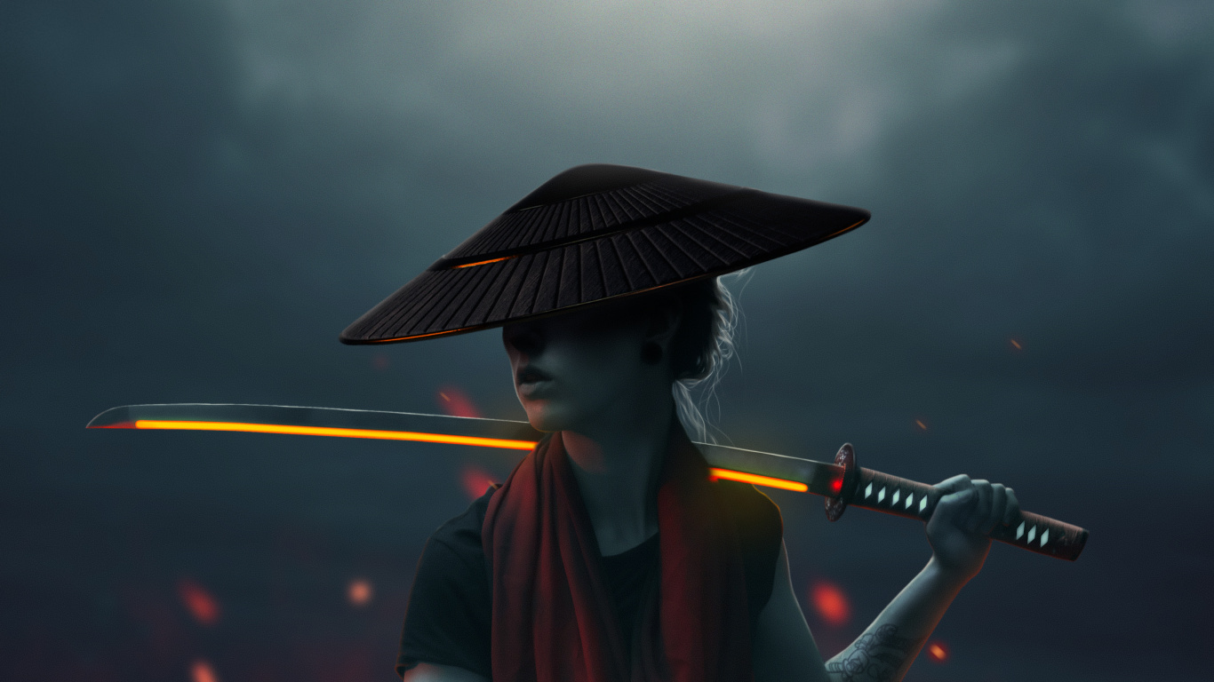 Обои азиатская девушка с лавовым мечом, Самурай, облако, театральное искусство, развлечение в разрешении 1366x768