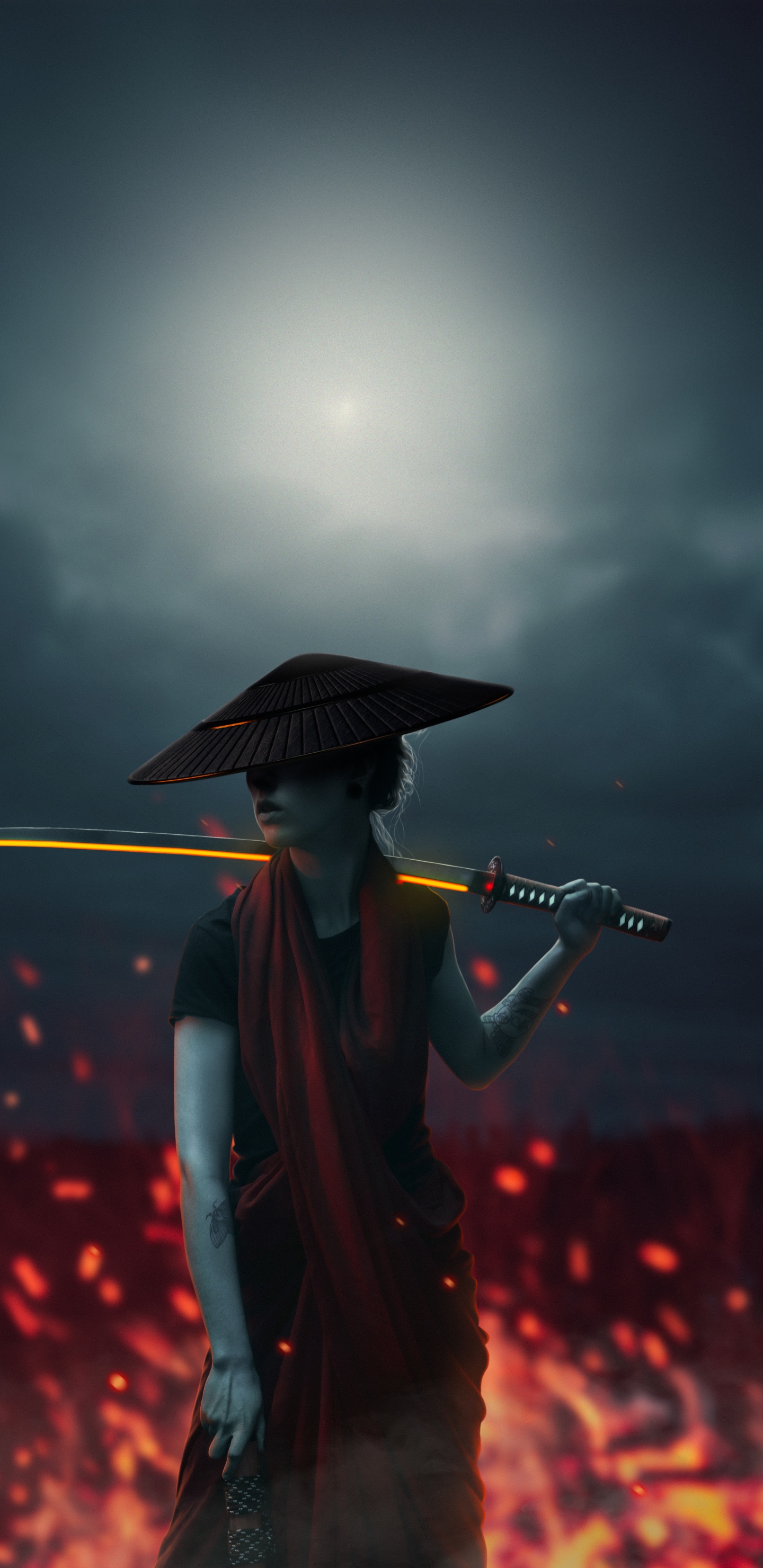 Обои азиатская девушка с лавовым мечом, Самурай, облако, театральное искусство, развлечение в разрешении 1440x2960