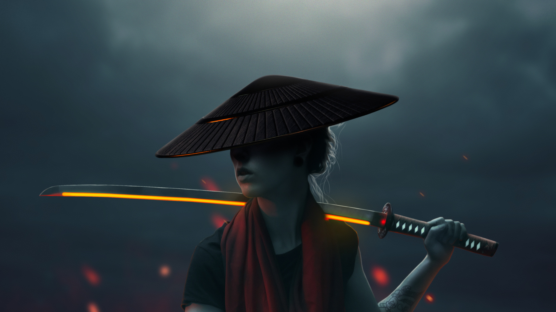 Обои азиатская девушка с лавовым мечом, Самурай, облако, театральное искусство, развлечение в разрешении 1920x1080