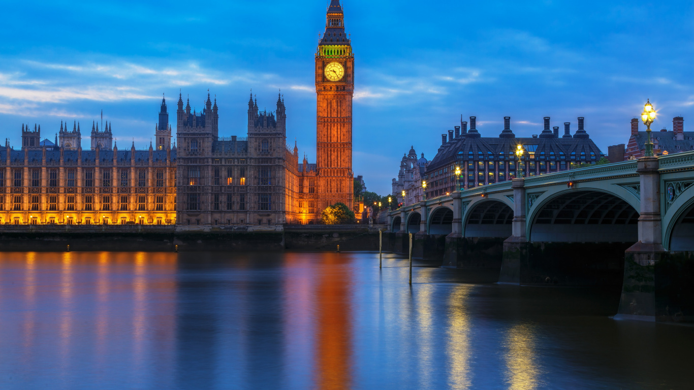 Обои здание парламента, Биг Бен, ориентир, отражение, город в разрешении 1366x768