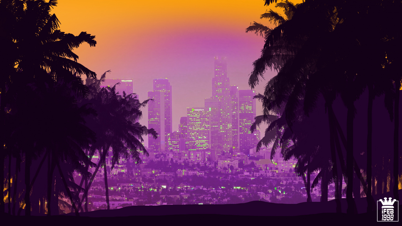 Обои городской пейзаж, пурпур, небо, арт, Фиолетовый в разрешении 1366x768