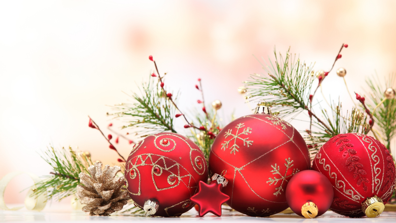 Обои Рождественский день, праздник, Рождественские украшения, рождественский орнамент, Санта-Клаус в разрешении 1280x720
