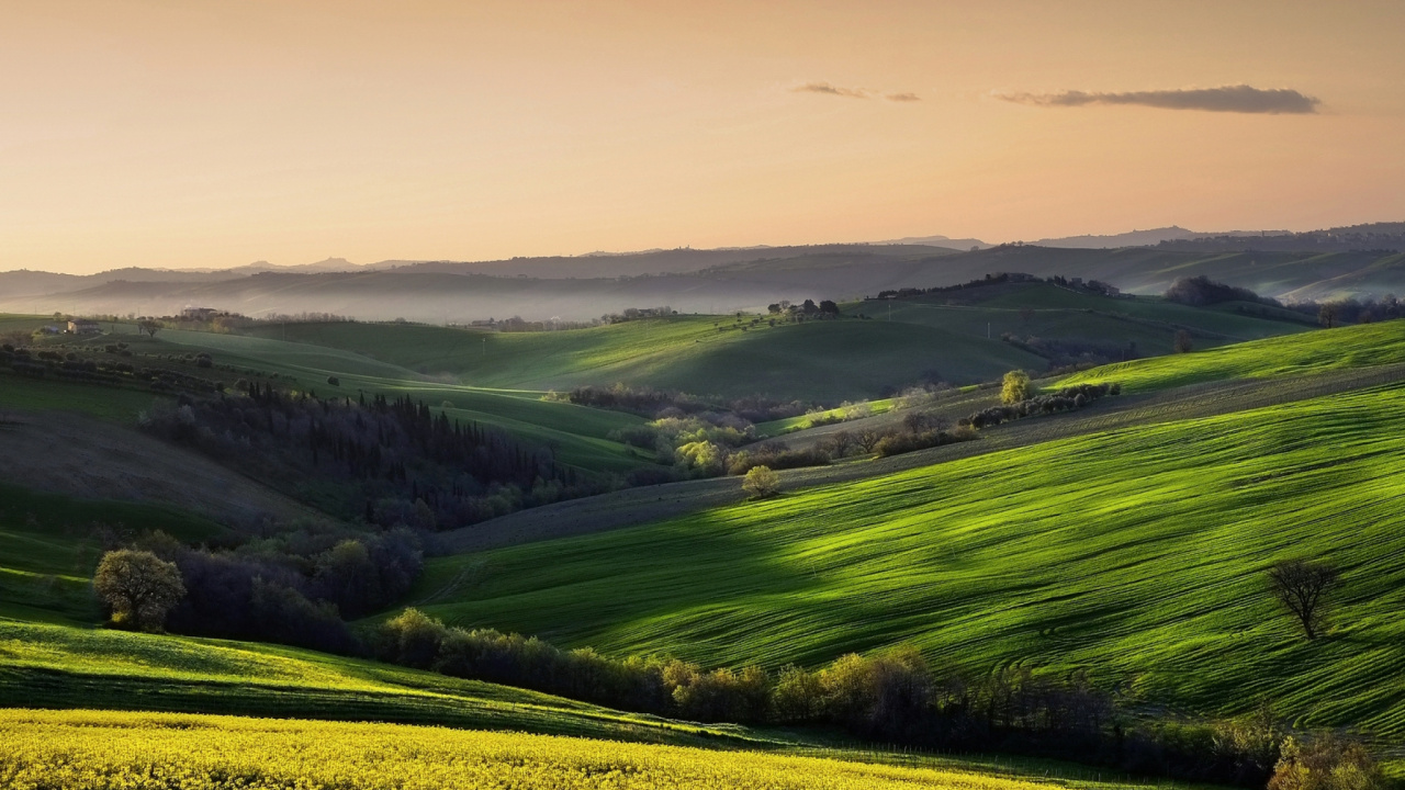 Обои природа, зеленый, холм, утро, рассвет в разрешении 1280x720
