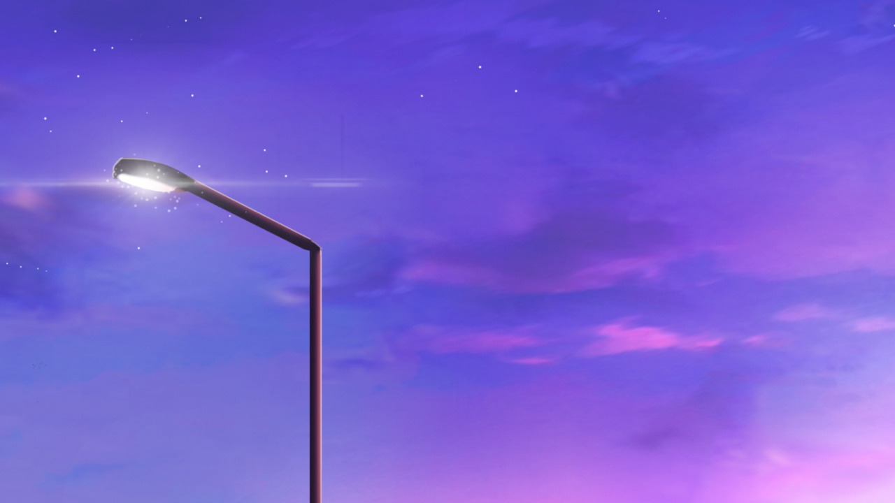 Обои городской пейзаж, атмосфера, уличный фонарь, пурпур, облако в разрешении 1280x720