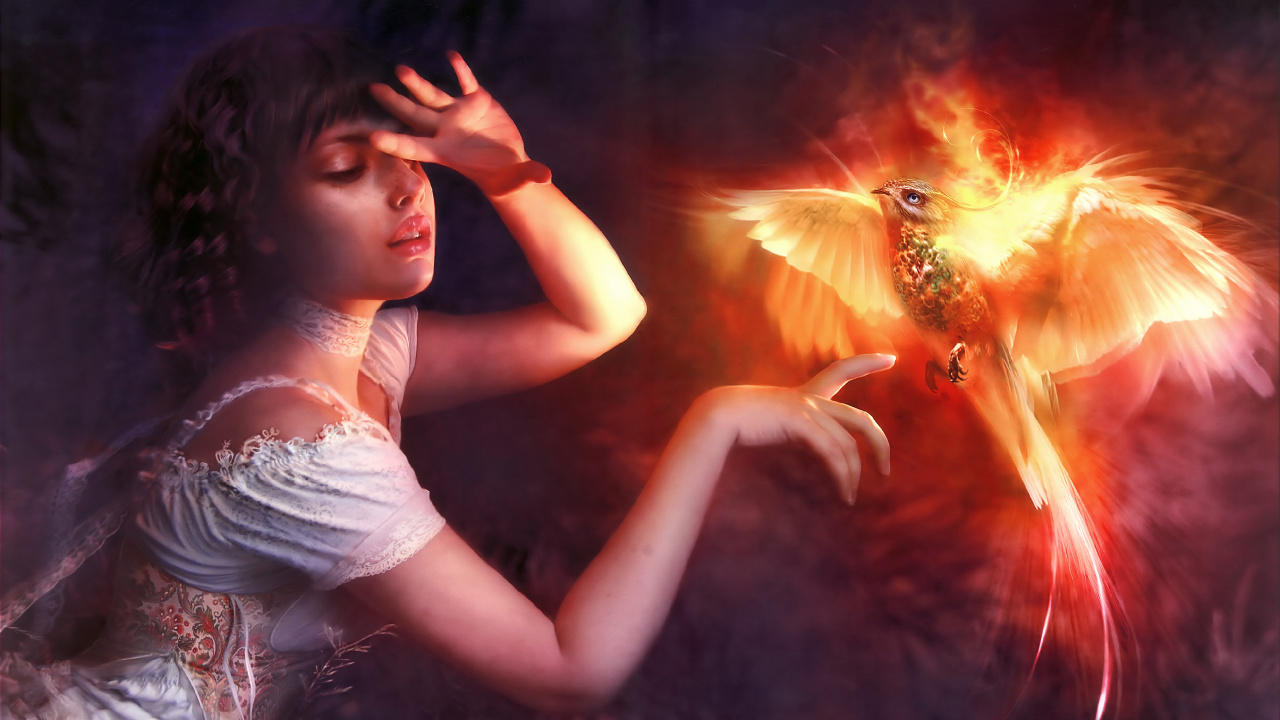 Обои птица феникс с девушкой, Феникс, СУБД Firebird, освещение, Апельсин в разрешении 1280x720
