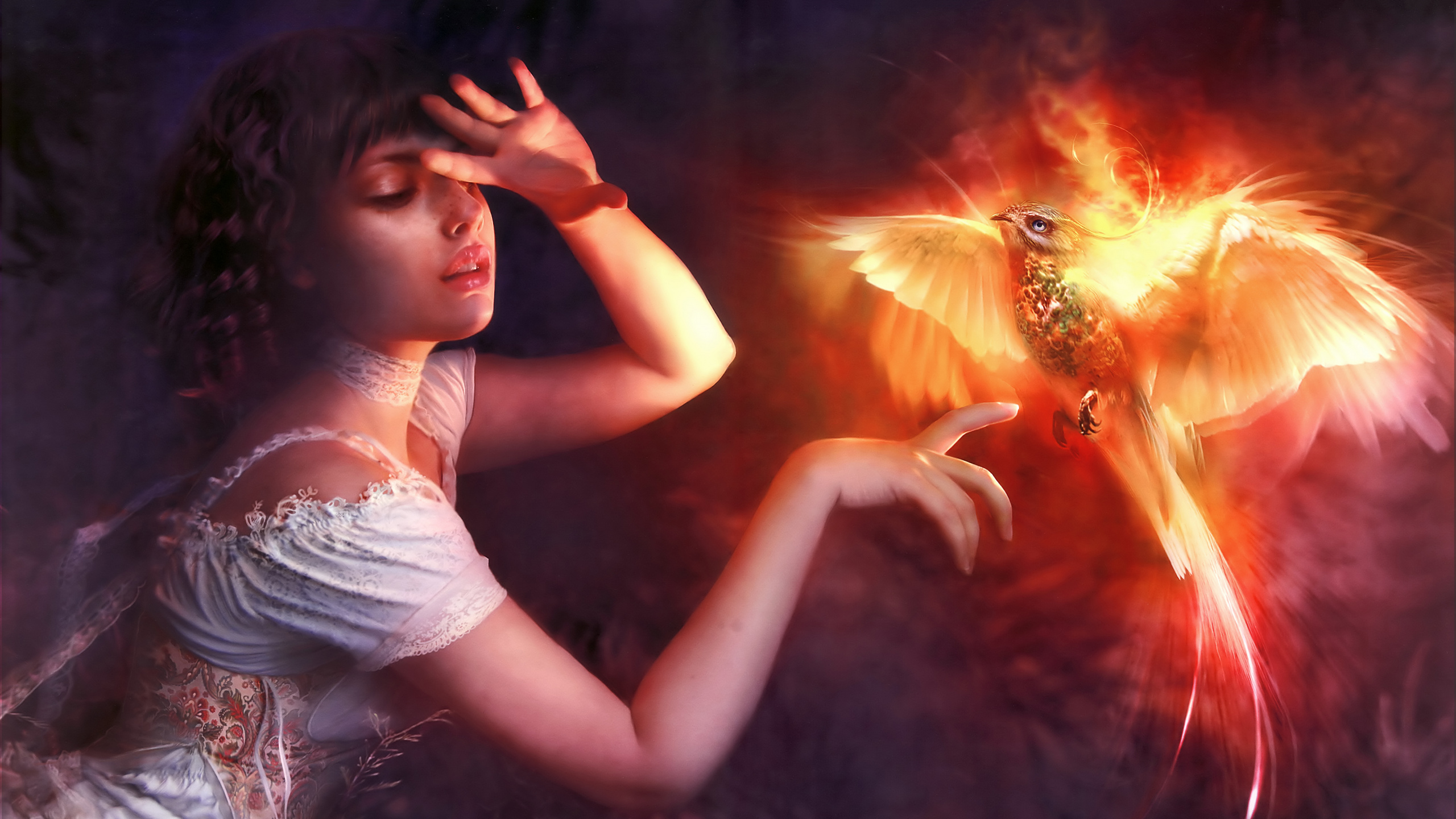 Обои птица феникс с девушкой, Феникс, СУБД Firebird, освещение, Апельсин в разрешении 2560x1440