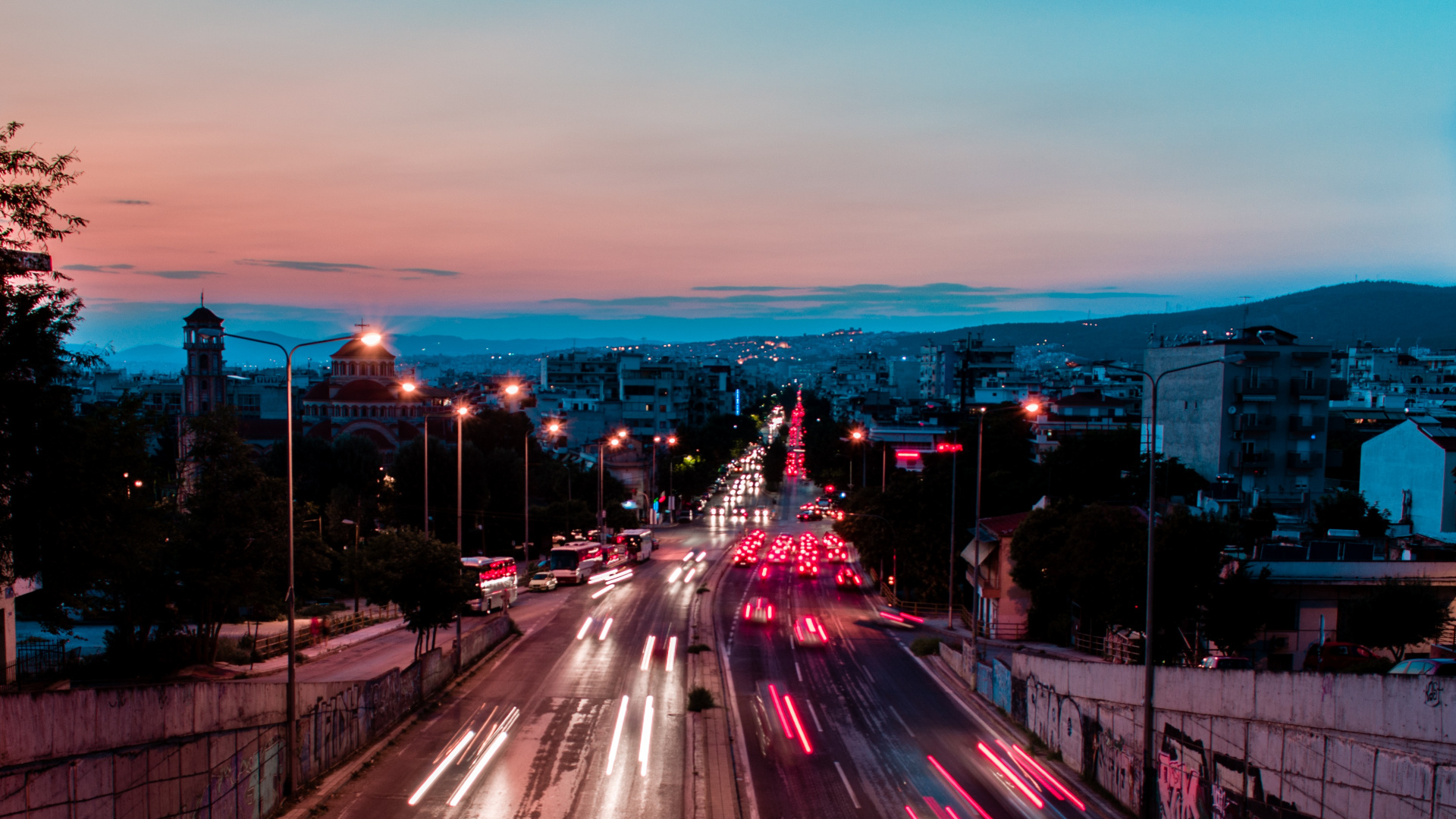 Обои дорога, городской район, красный цвет, магистраль, ночь в разрешении 1920x1080