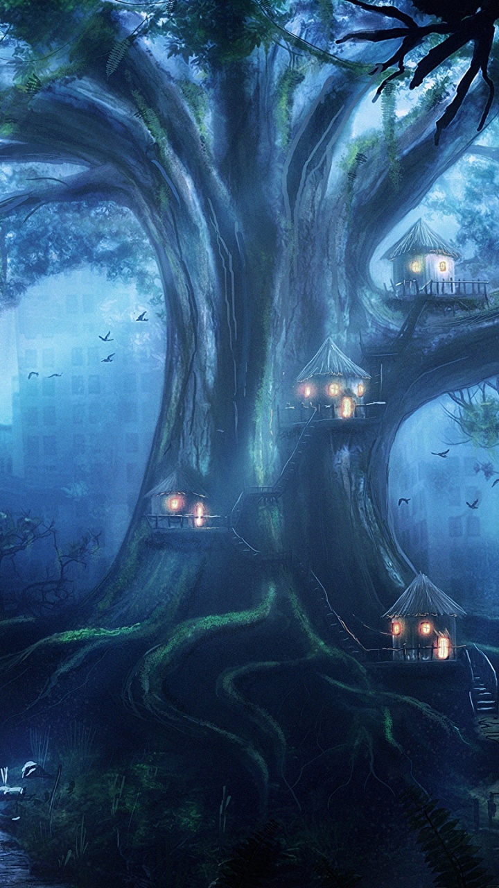 Обои живопись, арт, темнота, лес, джунгли в разрешении 720x1280