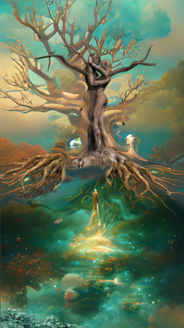 Обои женщина дерево, визуальное искусство, живопись, природа, дерево в разрешении 750x1334