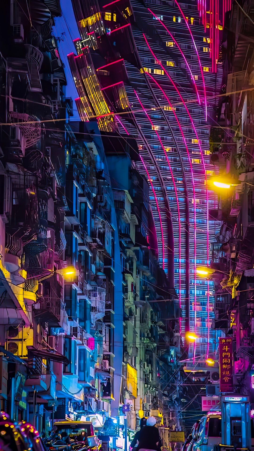 Обои яблоко, здание, свет, пурпур, освещение в разрешении 1080x1920