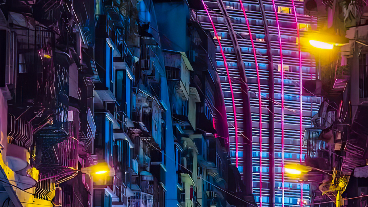 Обои яблоко, здание, свет, пурпур, освещение в разрешении 1280x720