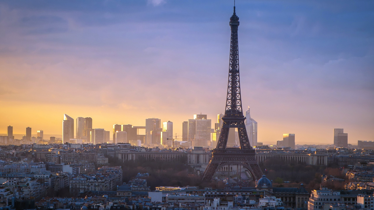 Обои Эйфелева башня, городской пейзаж, ориентир, город, вышка в разрешении 1280x720