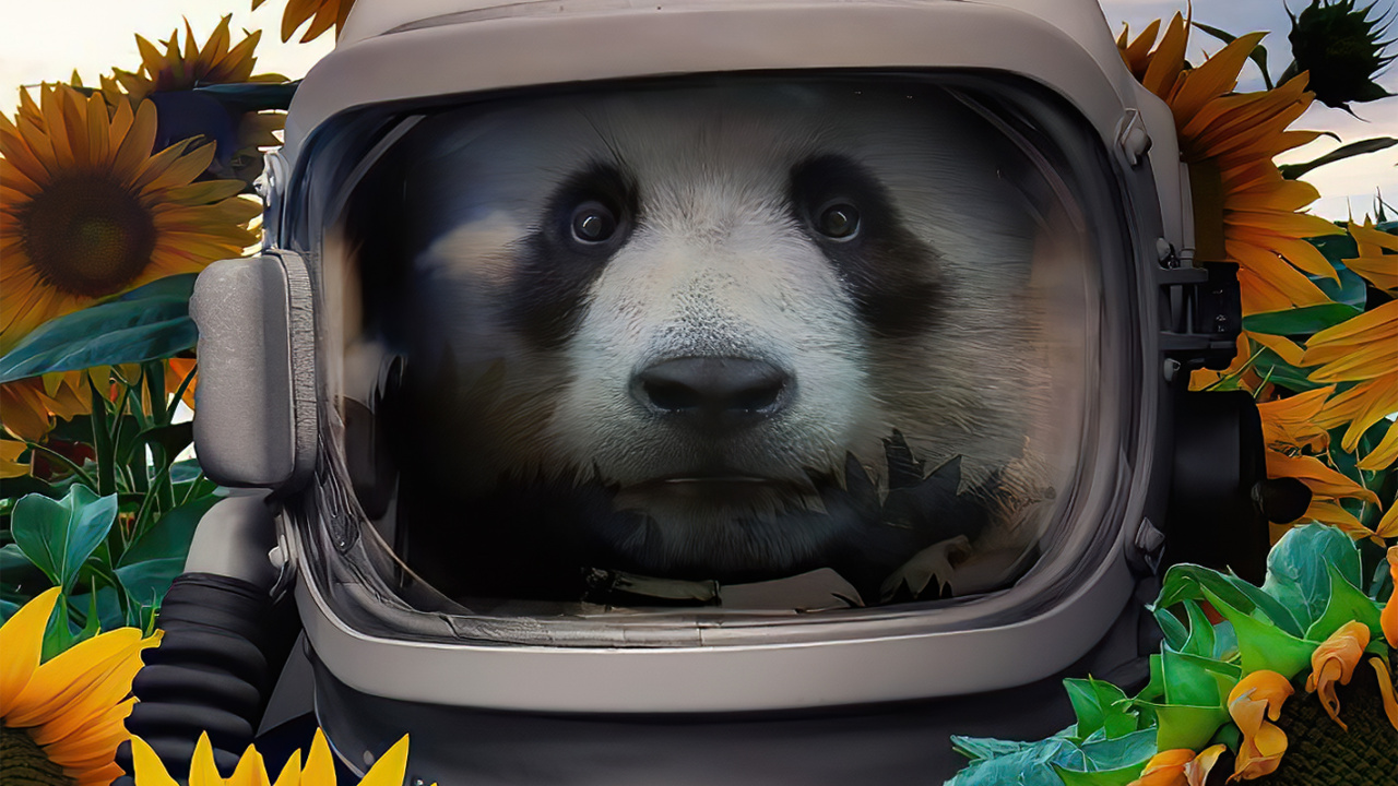 Обои гигантская панда, цветок, облако, датский дог, желтый в разрешении 1280x720