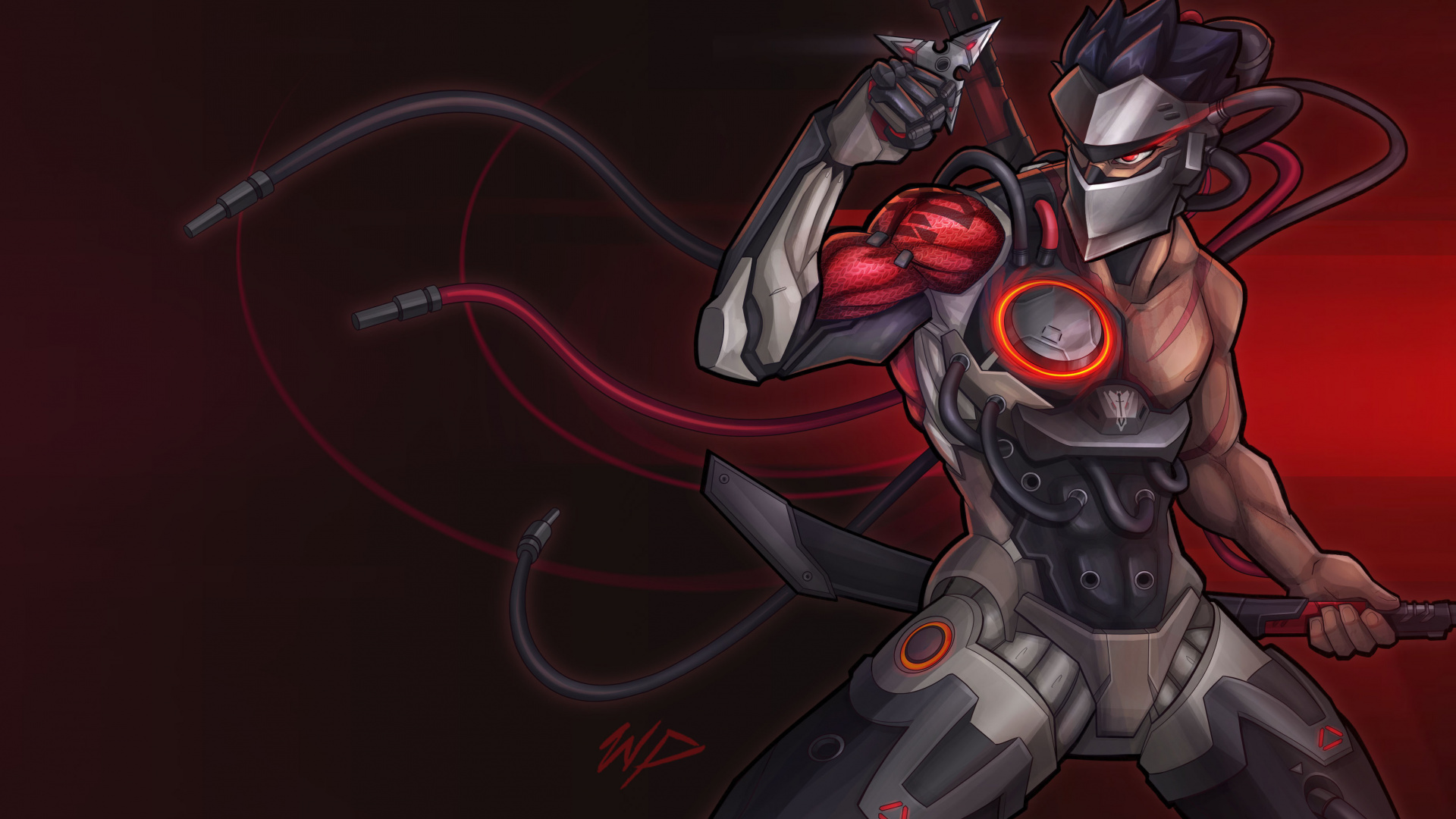 Обои Overwatch, Гэндзи, Ханзо, демон, иллюстрация в разрешении 1920x1080