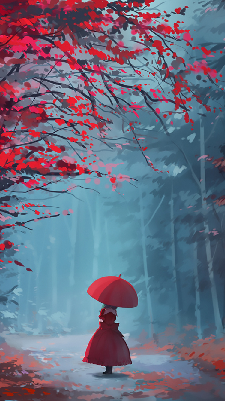 Обои красный цвет, дерево, лес, осень, природа в разрешении 750x1334