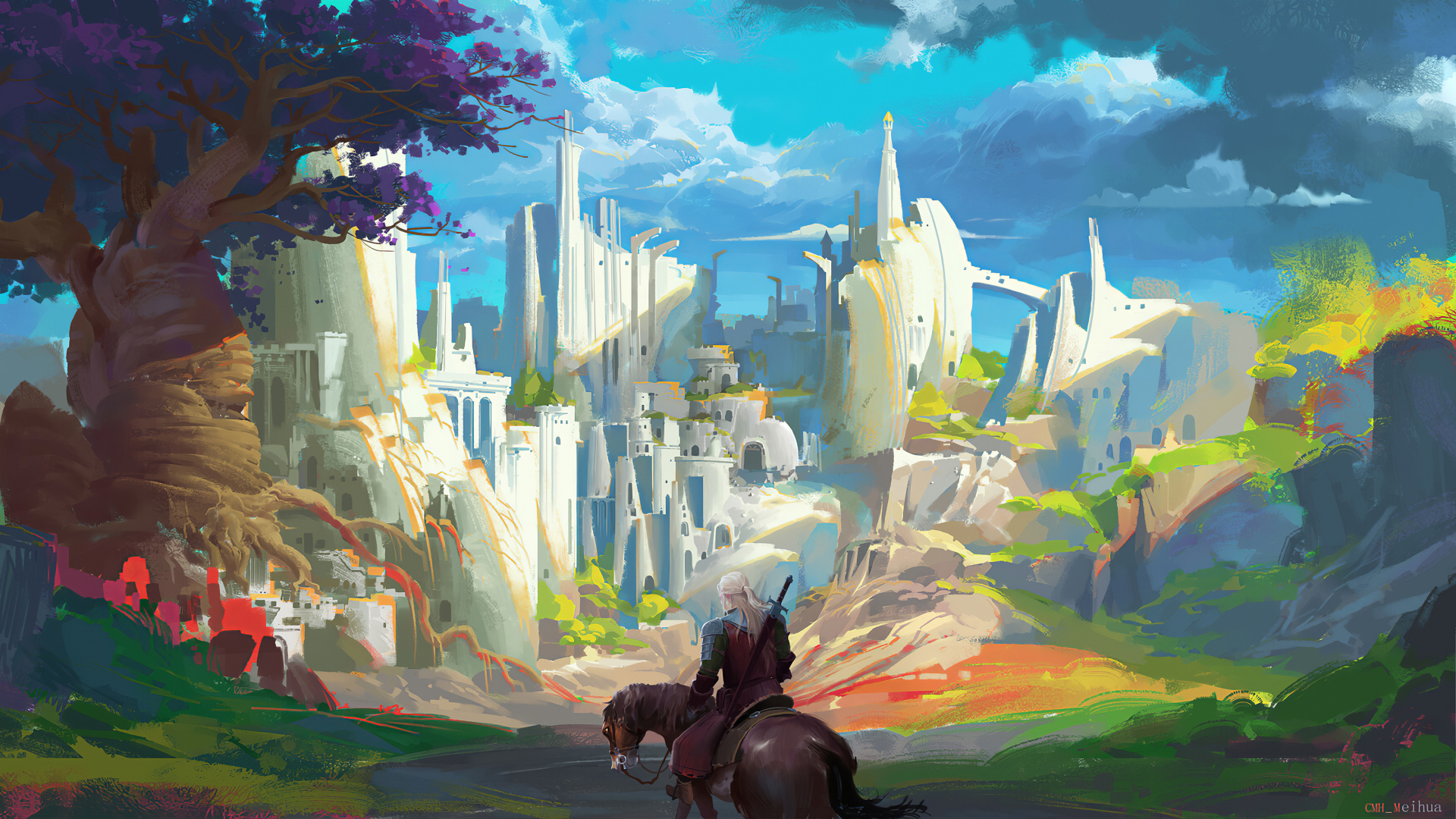 Обои акварельная живопись, мир, город, визуальное искусство, фреска в разрешении 1920x1080