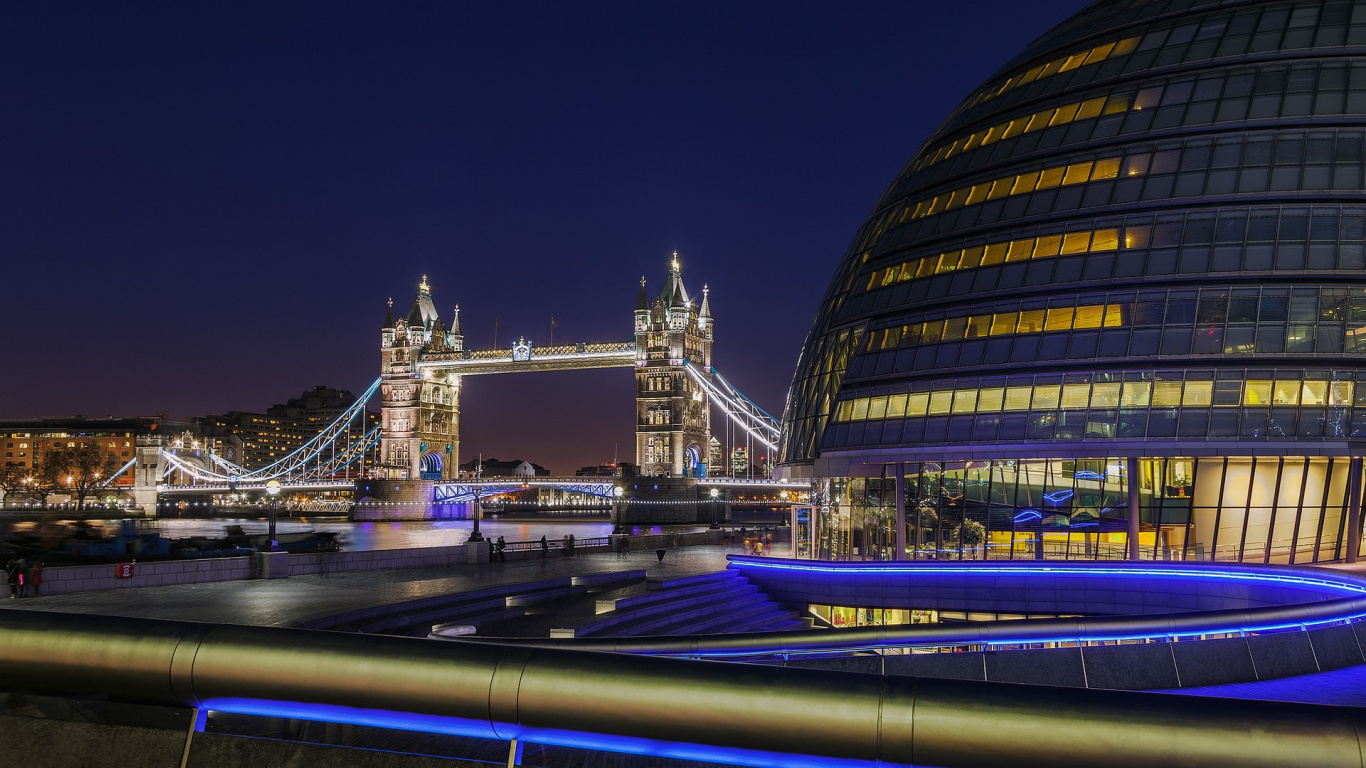 Обои тауэрский мост, река темза, мост, ориентир, ночь в разрешении 1366x768