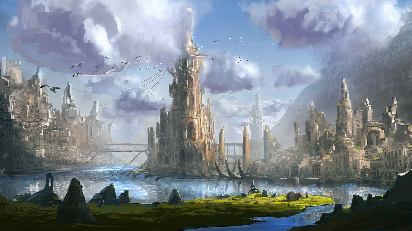 Обои фэнтези, замок, мир фантазий, ориентир, метрополия в разрешении 1366x768