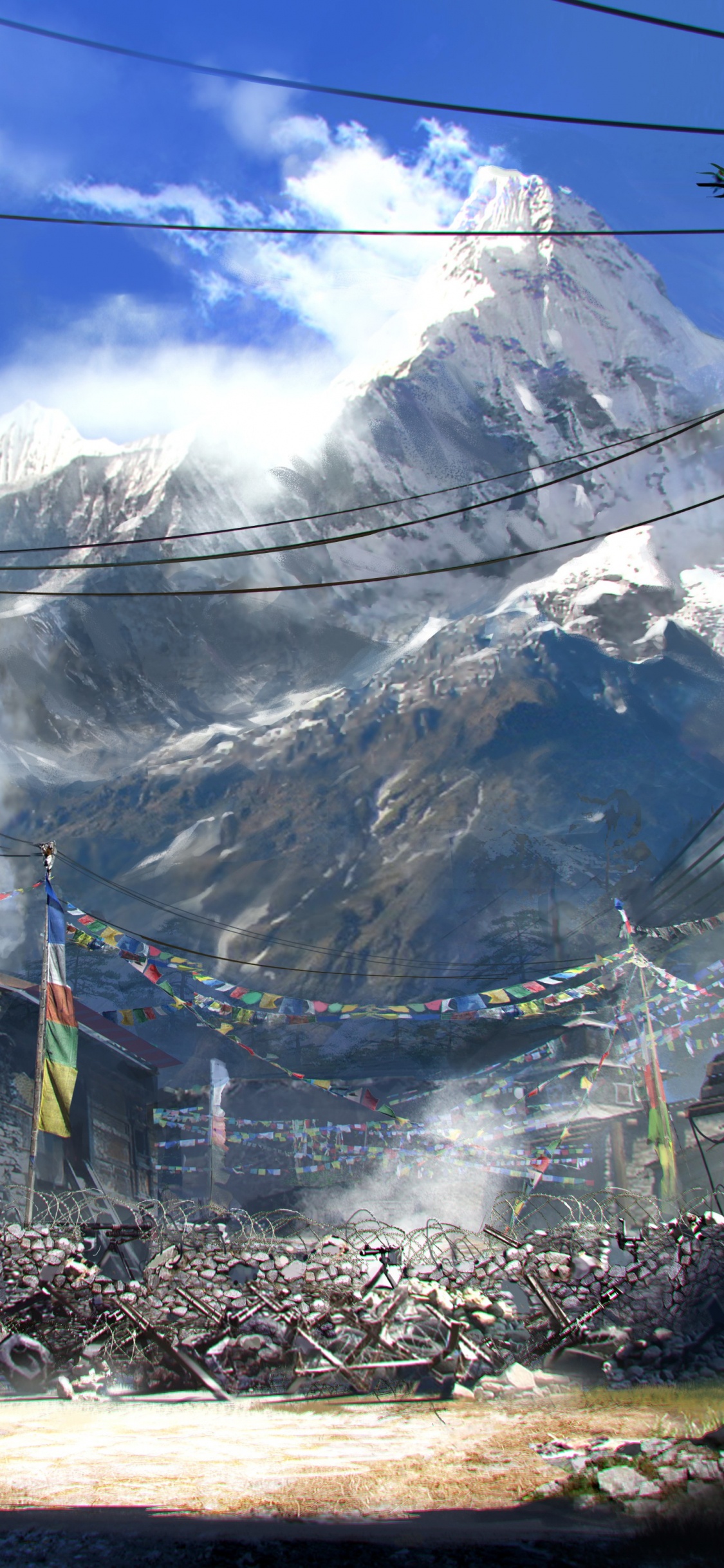 Обои far cry 4, концепт арт, ubisoft, гора, дерево в разрешении 1125x2436