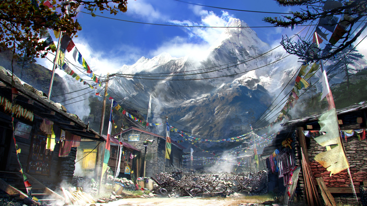 Обои far cry 4, концепт арт, ubisoft, гора, дерево в разрешении 1280x720