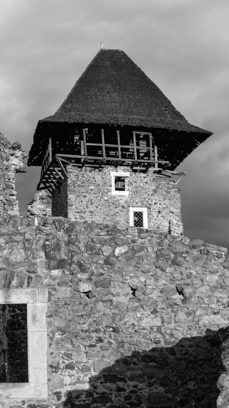 Обои замок, черный и белый, средневековье, средневековая архитектура, развалины в разрешении 750x1334