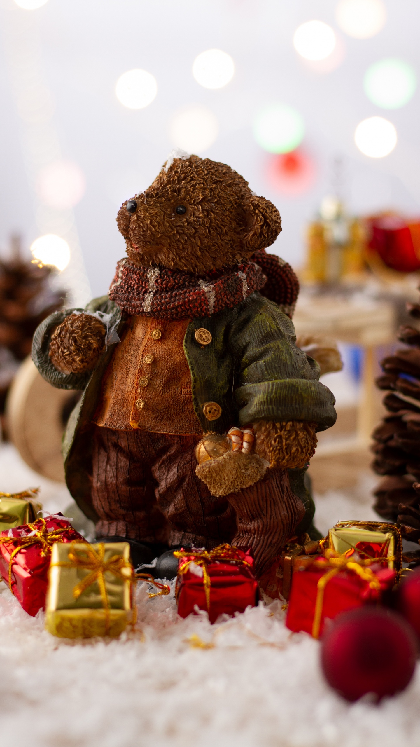 Обои Рождество, дерево, плюшевый мишка, коричневый цвет, КГД в разрешении 1440x2560