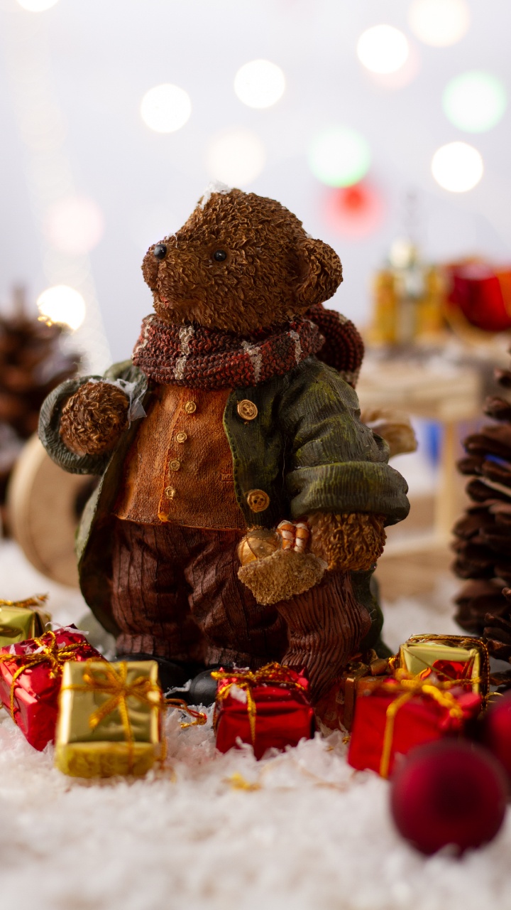 Обои Рождество, дерево, плюшевый мишка, коричневый цвет, КГД в разрешении 720x1280