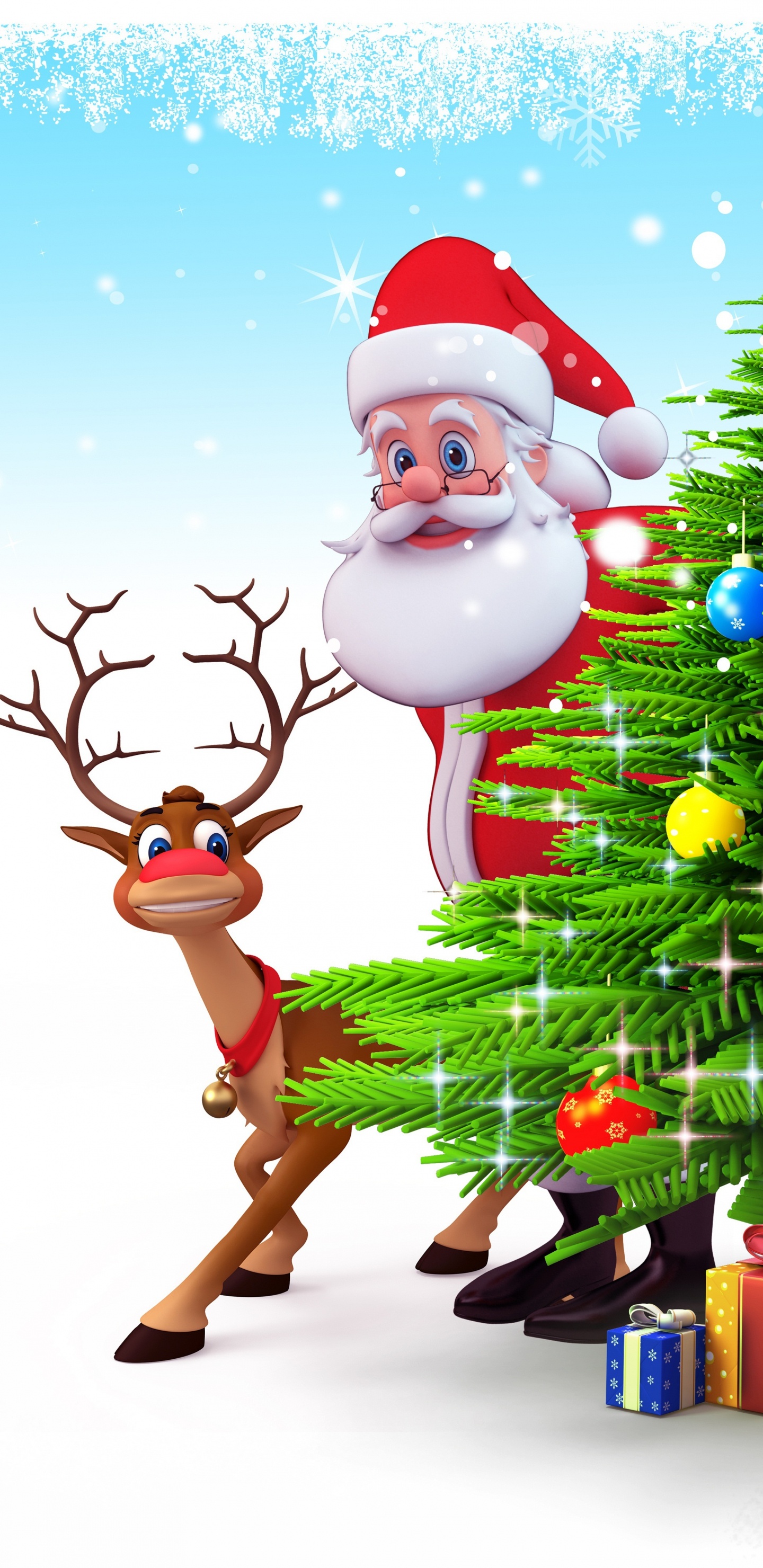 Обои Санта-Клаус, Северный олень, Рождественский день, елка, Рождественский эльф в разрешении 1440x2960