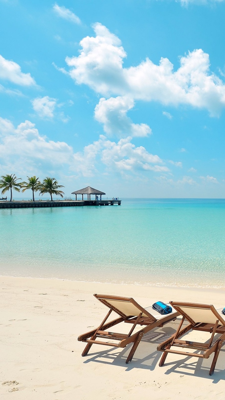 Обои шезлонги на пляже, пляж, Отель Velassaru, море, прибежище в разрешении 720x1280