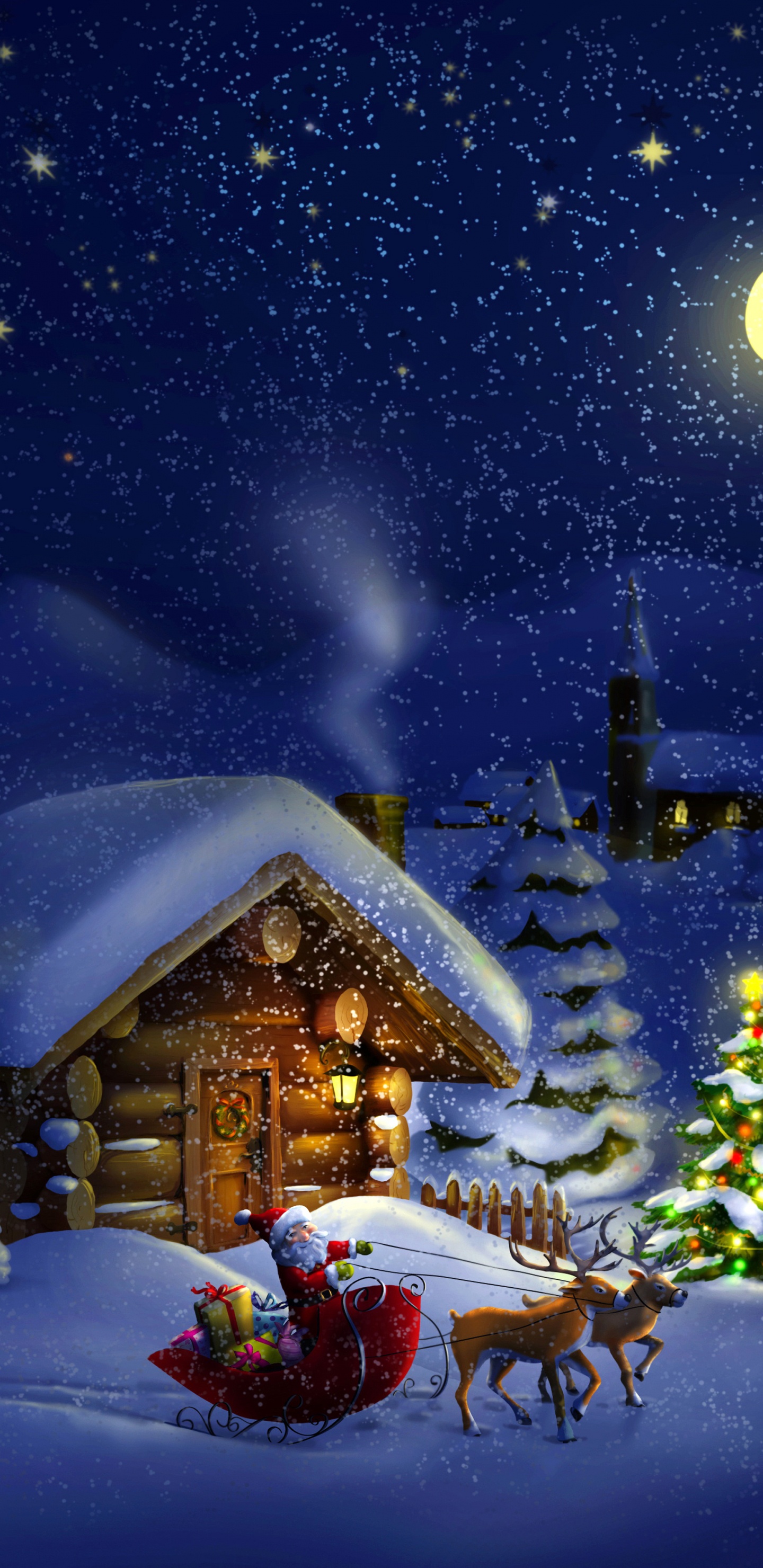 Обои Рождественский день, Санта-Клаус, праздник, зима, снег в разрешении 1440x2960