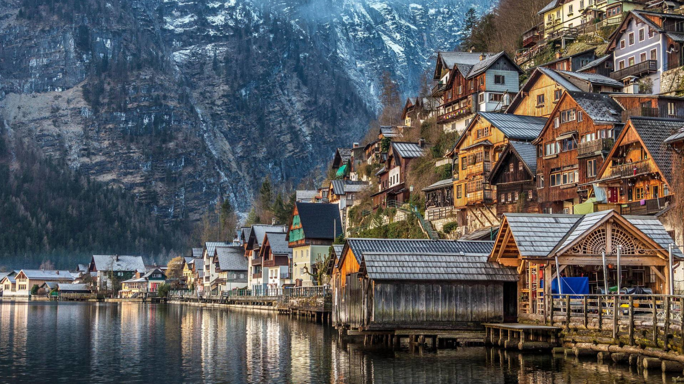 Обои гальштат, горная деревня, природа, природный ландшафт, городок в разрешении 1366x768