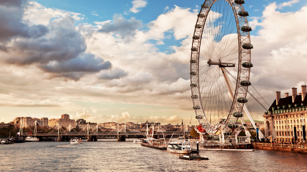 Обои лондонский глаз, река темза, колесо обозрения, ориентир, достопримечательность в разрешении 1280x720