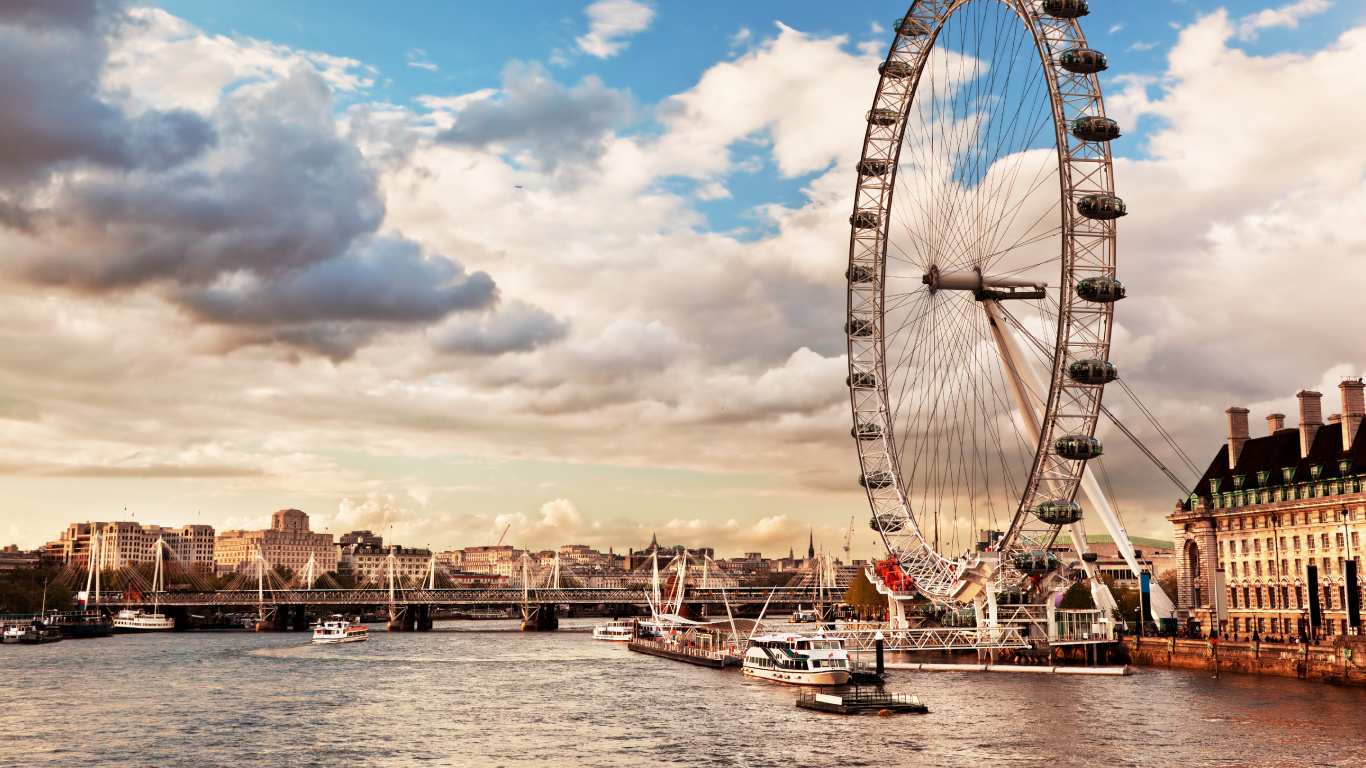 Обои лондонский глаз, река темза, колесо обозрения, ориентир, достопримечательность в разрешении 1366x768