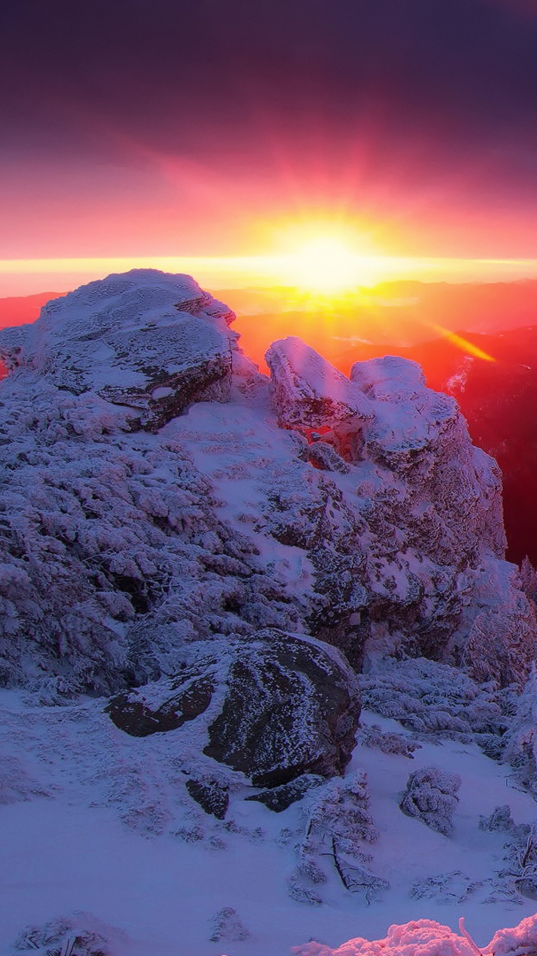 Обои зима, гора, горный хребет, закат, природа в разрешении 1080x1920