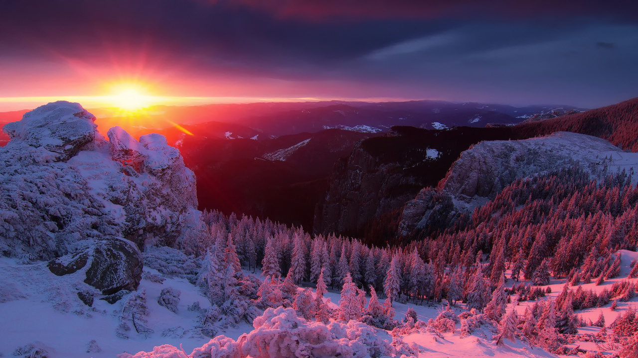 Обои зима, гора, горный хребет, закат, природа в разрешении 1280x720